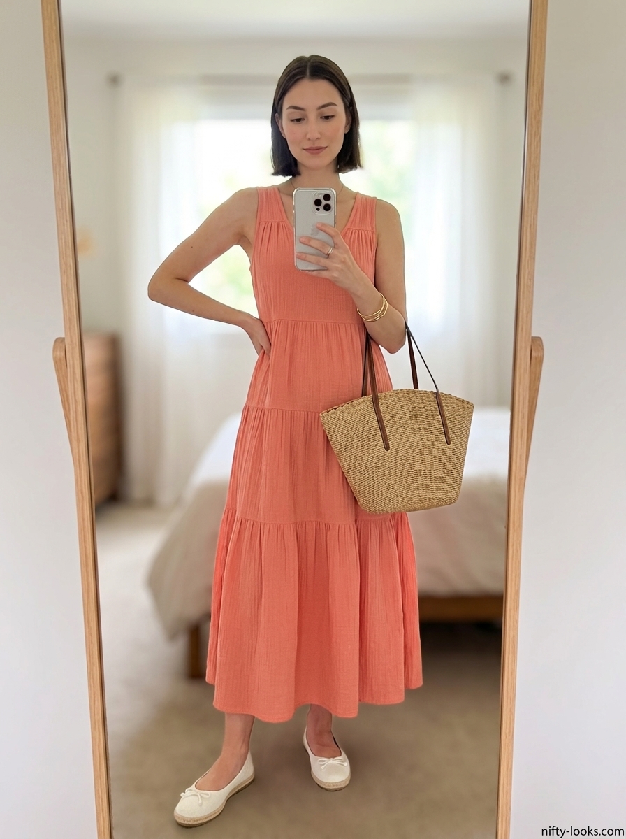 Chic minimalist summer outfit 2026: Coral maxi dress, gold bangles, espadrilles, and straw tote for vacation.