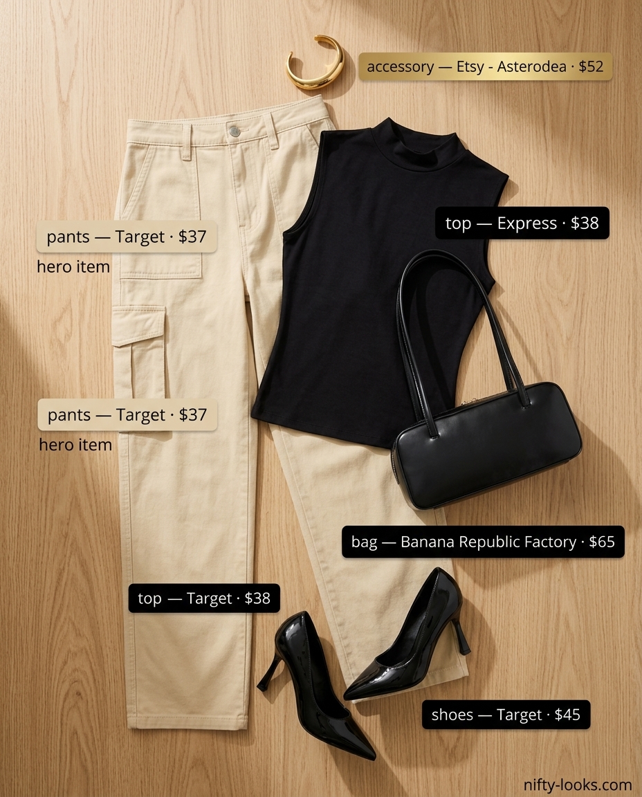 Chic minimalist summer outfits for women 2026: Cream cargo pants, black mock neck bodysuit, stiletto heels. Edgy dinner look.