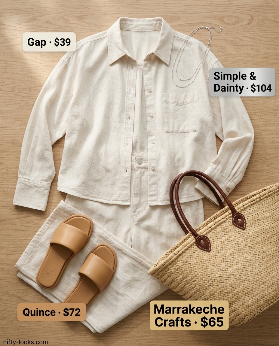 Chic minimalist summer outfit 2026: Cream linen set with beige shirt and pants, tan slides, and straw tote for travel.