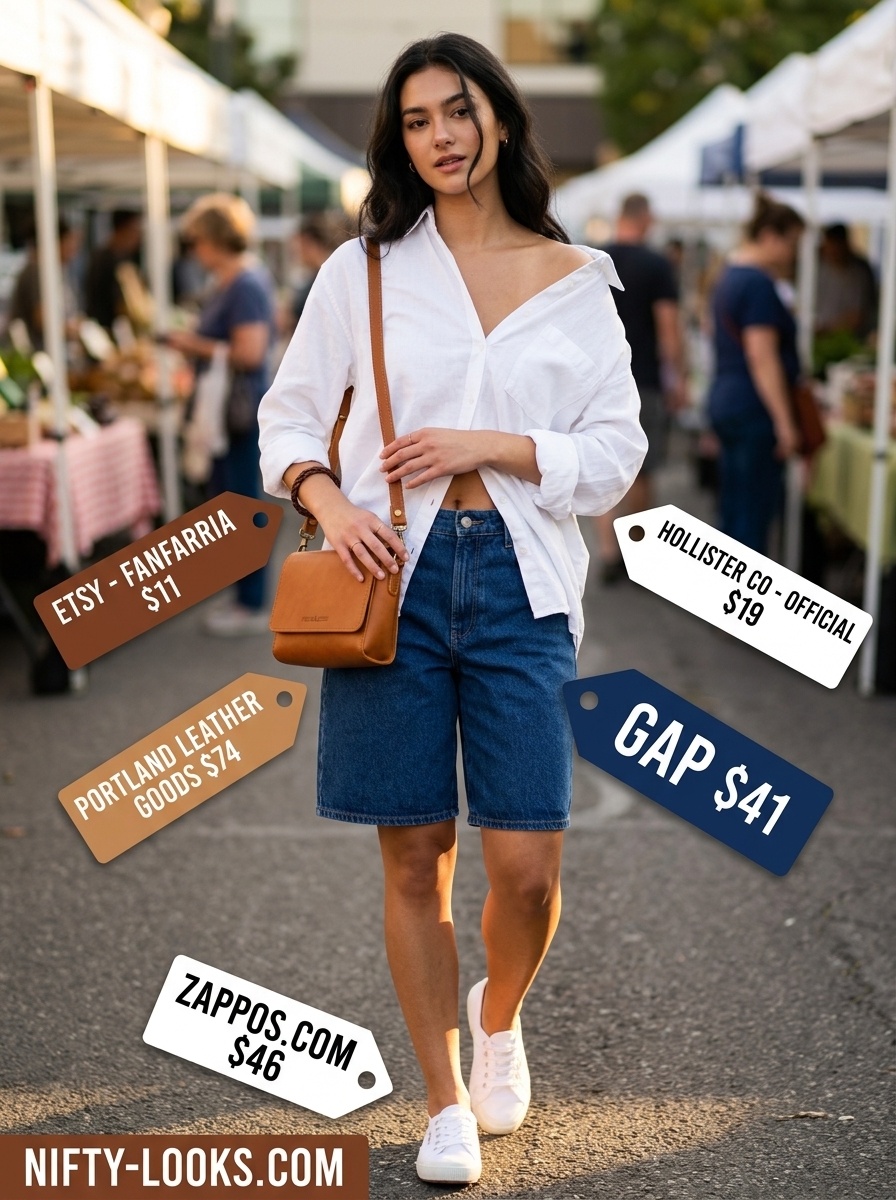 Chic minimalist summer outfits for women 2026: Casual denim shorts, white linen shirt, and crossbody bag for a relaxed daytime look.