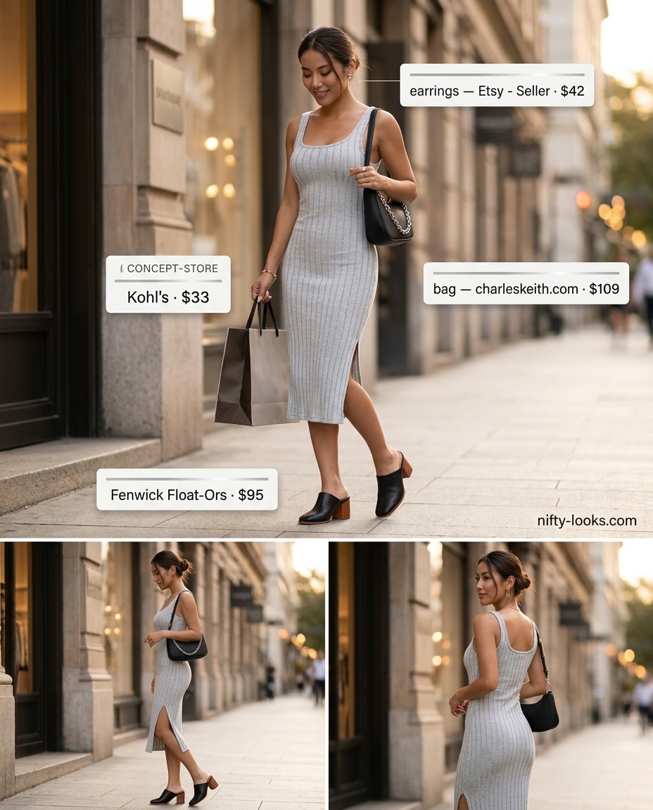Chic minimalist summer outfits for women 2026: Stone grey knit midi dress, black block heels, silver earrings. Understated chic look.