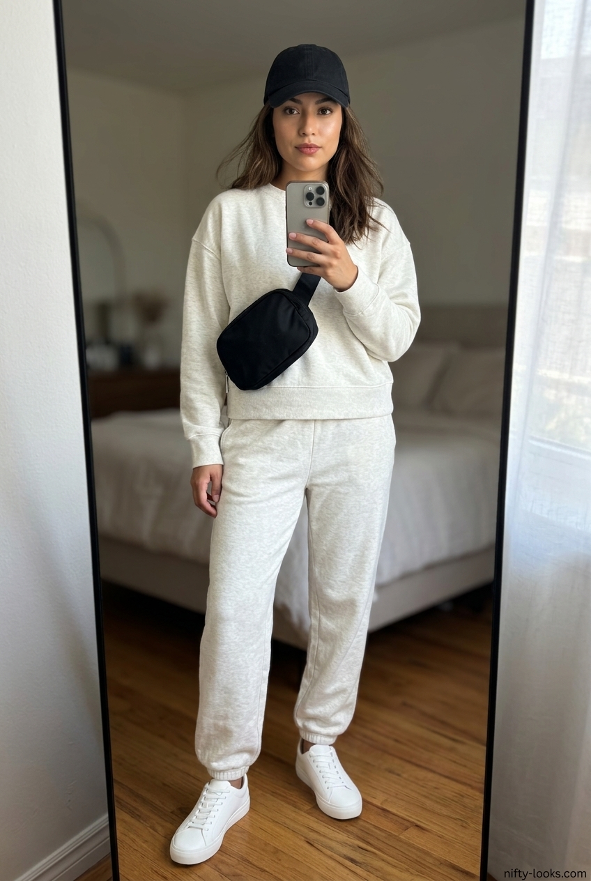 Chic minimalist summer outfits for women 2026: Soft grey knit set, sneakers, baseball cap. Comfortable loungewear or travel look.