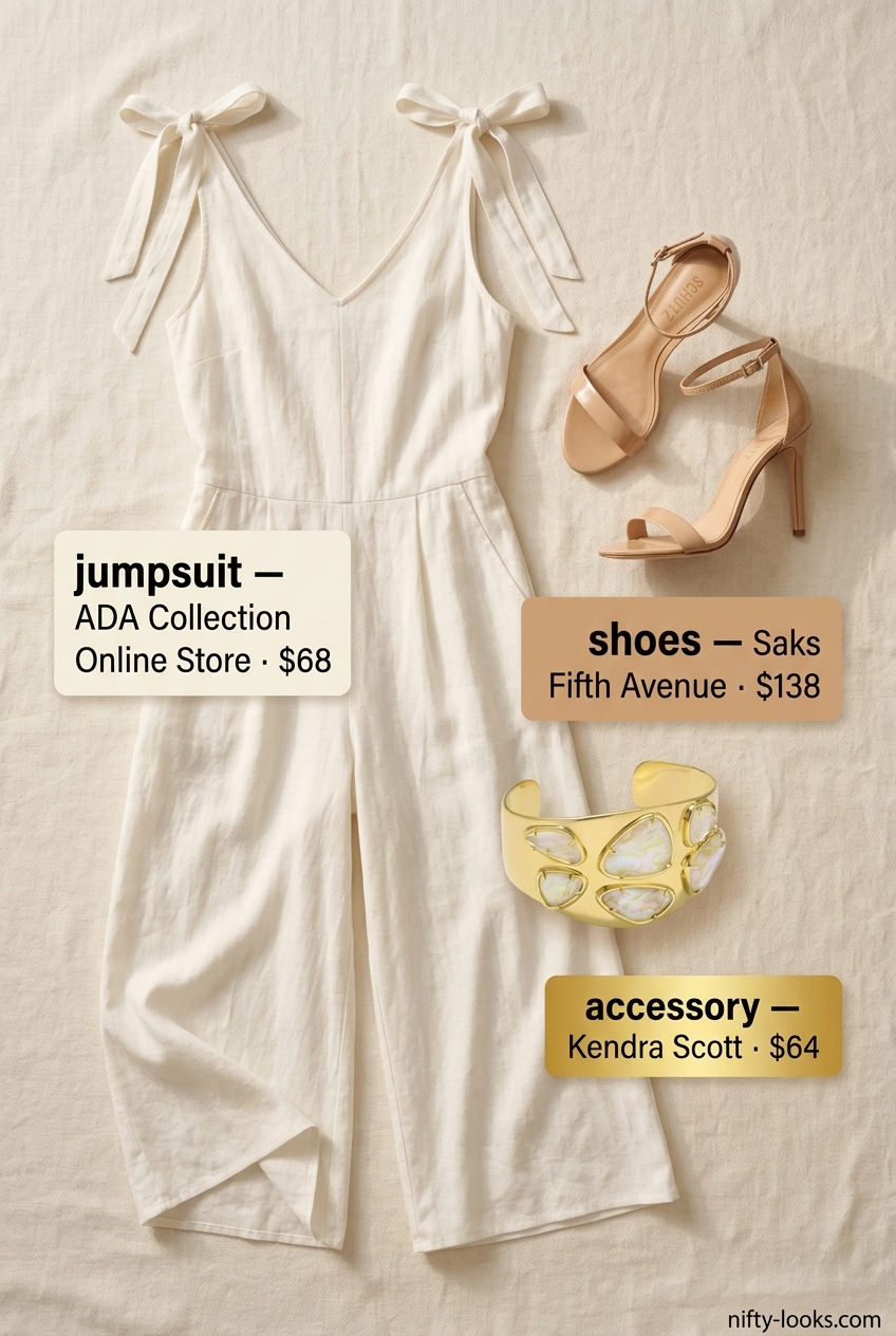 Chic minimalist summer outfit 2026: Ivory linen jumpsuit, gold cuff, tan sandals, and raffia bag for evening.
