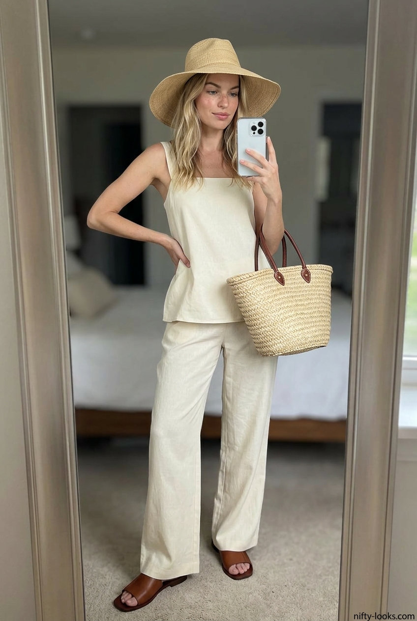 Chic minimalist summer outfits for women 2026: Ivory linen set with wide-leg pants and a wide-brimmed straw hat.