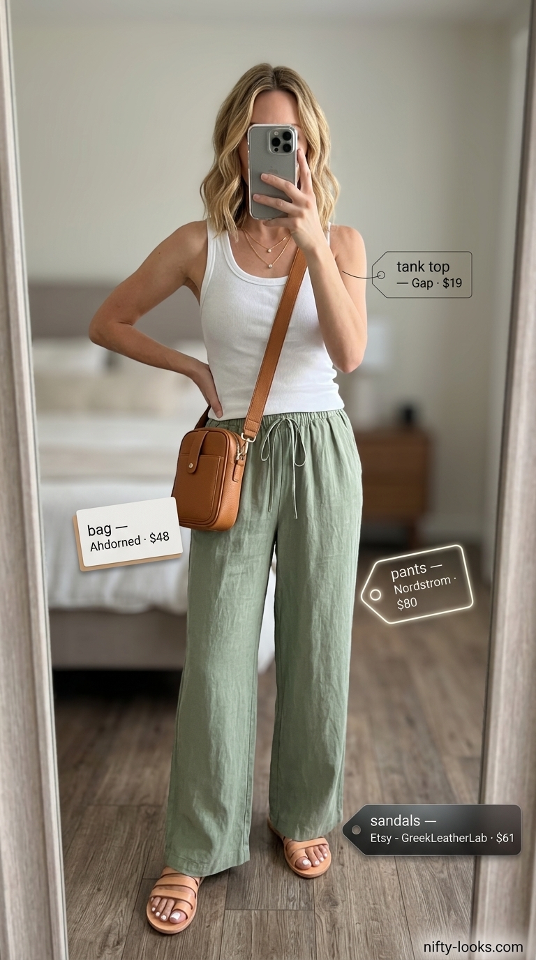 Chic minimalist summer outfits for women 2026: Sage green linen pants, white tank, and leather slides for coastal vibes.