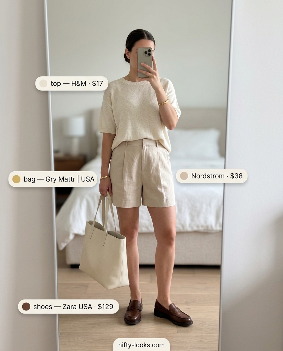 Chic minimalist summer outfits for women 2026: Polished beige linen shorts set with loafers for a smart casual brunch.
