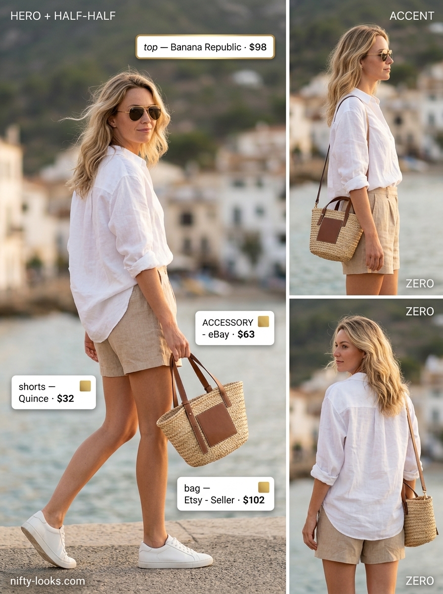 Chic minimalist summer outfits for women 2026: White linen shirt, beige linen shorts, white sneakers. Relaxed vacation look.