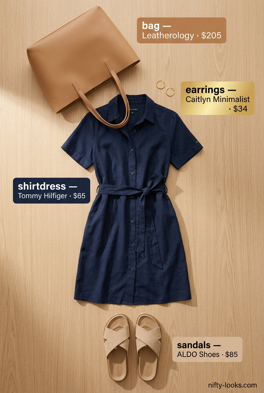 Chic minimalist summer outfits for women 2026: Navy linen shirtdress with leather slides and a structured tote.