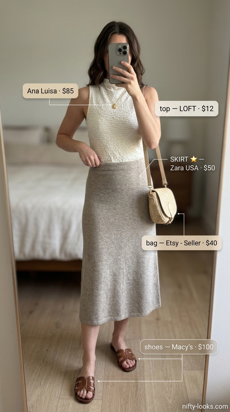 Chic minimalist summer outfits for women 2026: Oatmeal knit midi skirt, white mock neck top, brown sandals. Casual chic daytime look.