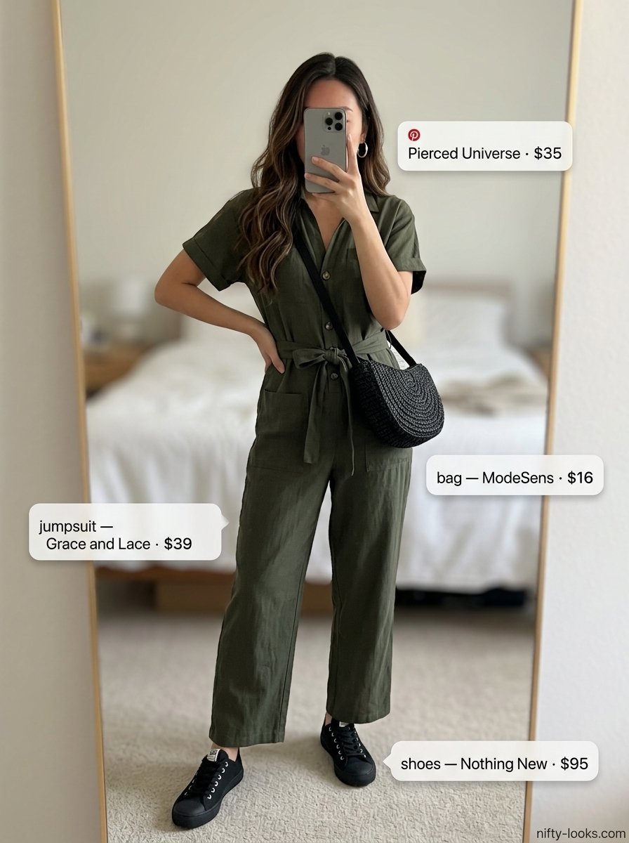 Chic minimalist summer outfits for women 2026: Olive green utility jumpsuit, black sneakers, crossbody bag. Edgy casual errand look.