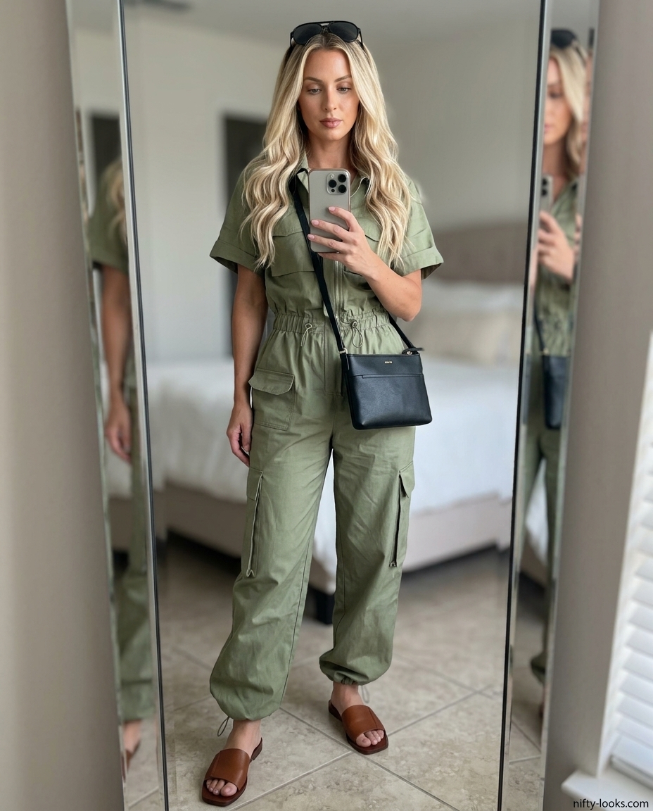 Chic minimalist summer outfit 2026: Olive green utility jumpsuit, tan sandals, black crossbody, and sunglasses.