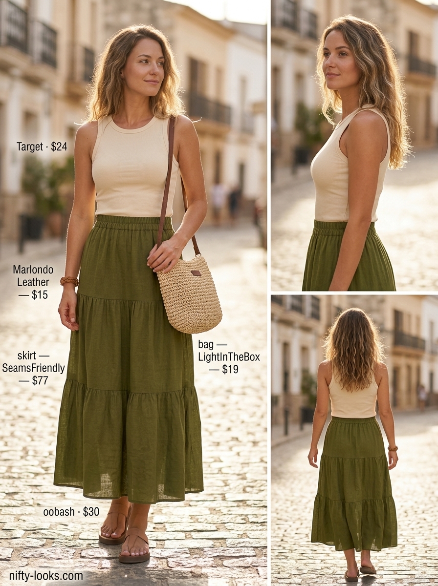 Chic minimalist summer outfits for women 2026: Olive green maxi skirt, cream tank, tan sandals. Casual day out look.