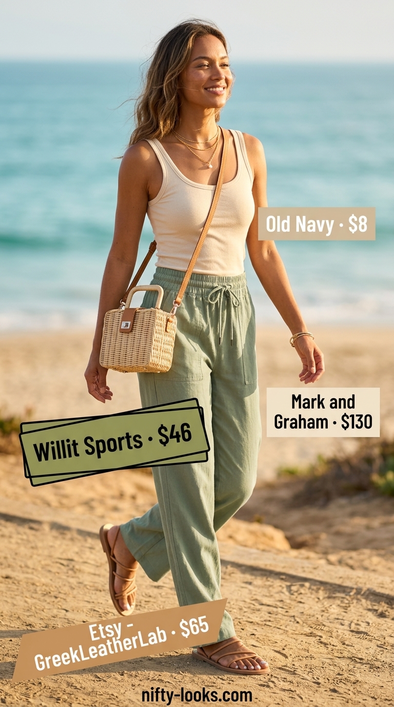 Chic minimalist summer outfit 2026: Sage green linen pants, cream tank, tan sandals, and straw bag for casual day out.