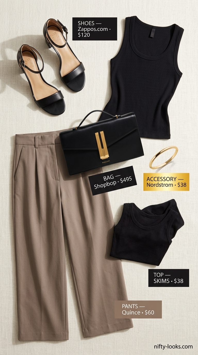 Chic minimalist summer outfit 2026: Taupe wide-leg trousers, black tank, gold jewelry, and black sandals for dinner.