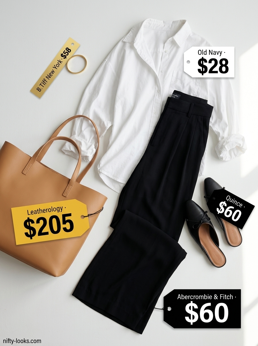 Chic minimalist summer outfits for women 2026: Black wide-leg trousers, white shirt, and leather mules for sophisticated style.