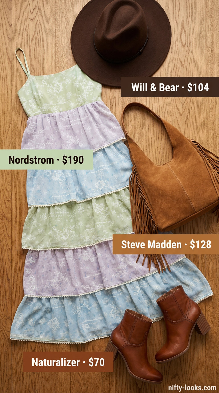 Boho chic maxi dress outfit for women 2026: Multicolor floral dress, brown hat, ankle boots, and fringe bag.