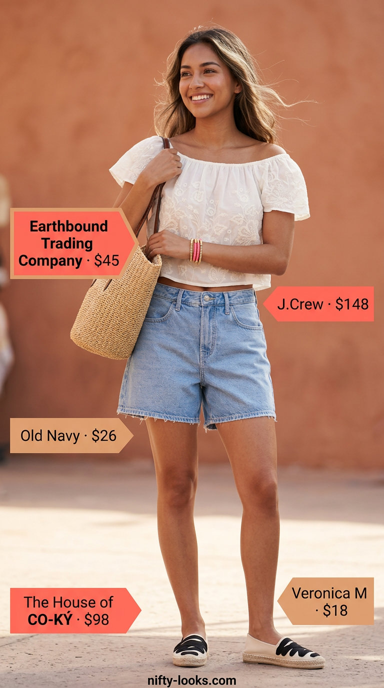 Chic summer fashion outfits for women 2026: Denim shorts, white peasant blouse, and espadrilles for a coastal vibe.