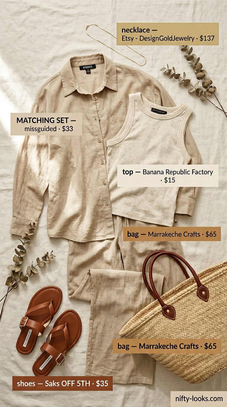 Coastal breeze linen set outfit for women 2026: Cream shirt and pants, beige tank, straw tote, gold necklaces, and leather slides.