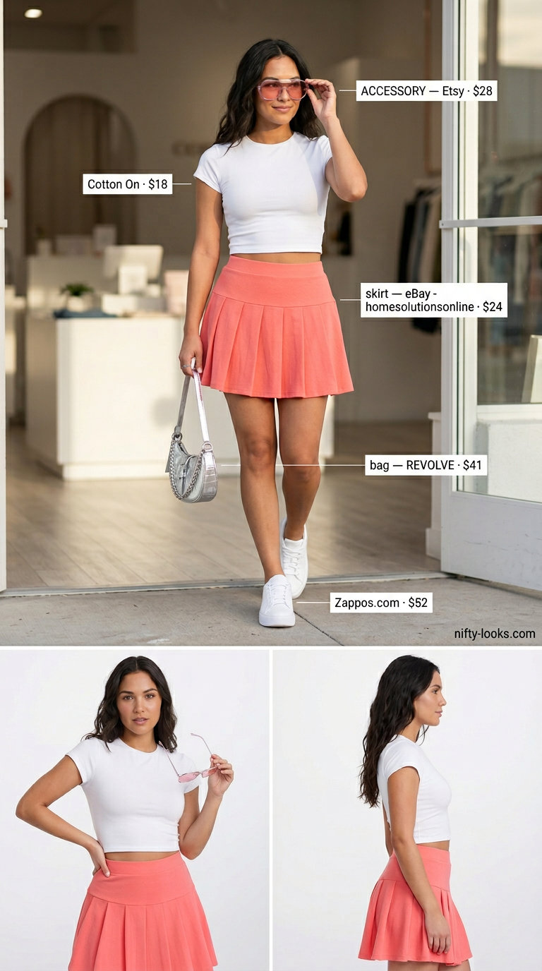 Chic summer fashion outfit for women 2026: Coral mini skirt, white tee, and platform sneakers for a fun day out.