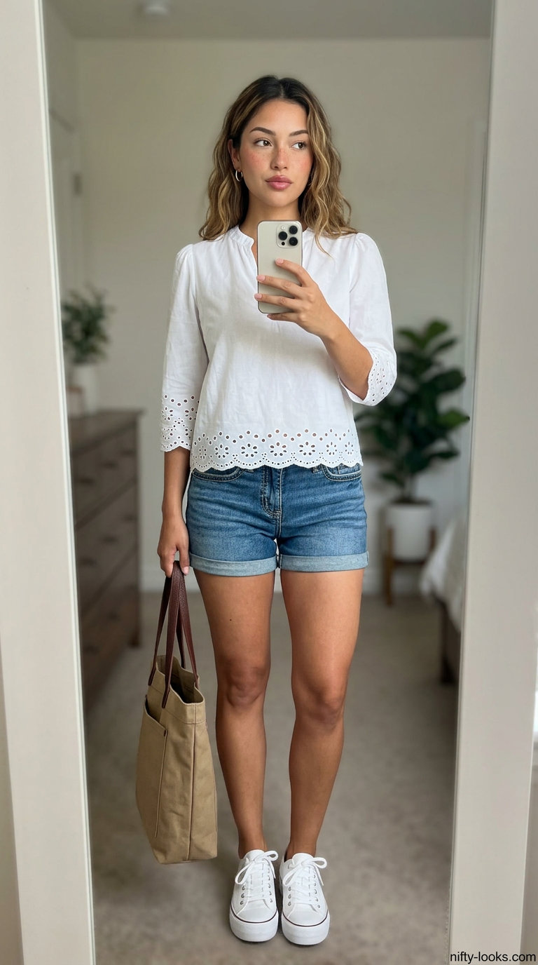 Chic summer fashion outfits for women 2026: Denim shorts, white eyelet blouse, canvas sneakers for weekend.