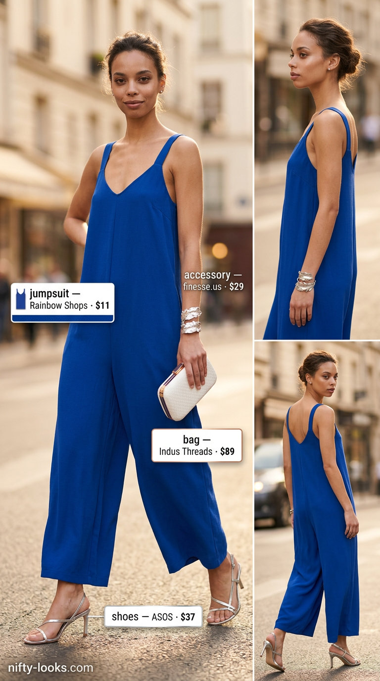Chic summer fashion outfits for women 2026: Electric blue wide-leg jumpsuit for a bold summer event.