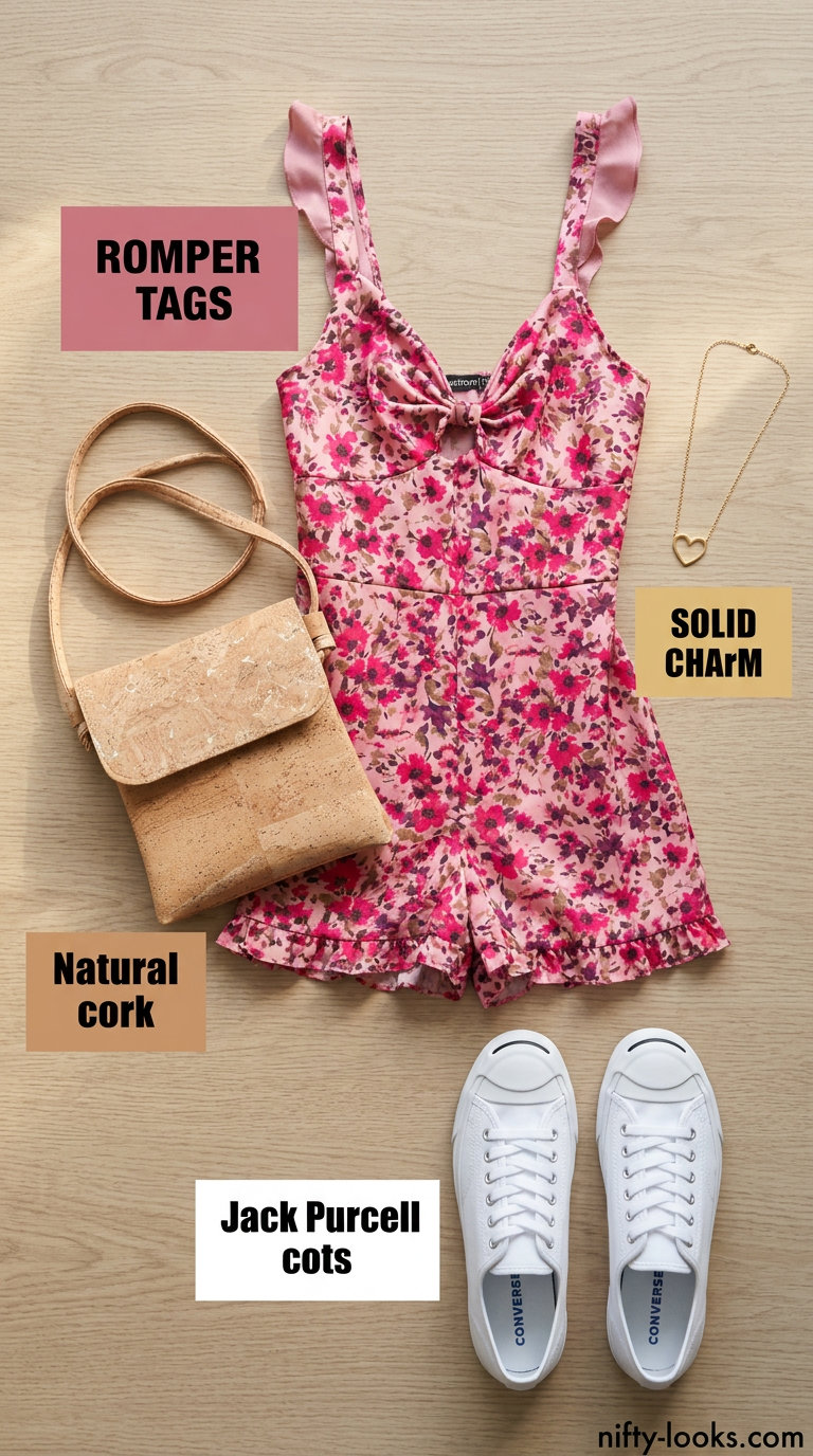 Chic summer fashion outfits for women 2026: Pink floral romper with cork crossbody and white sneakers for a sweet look.