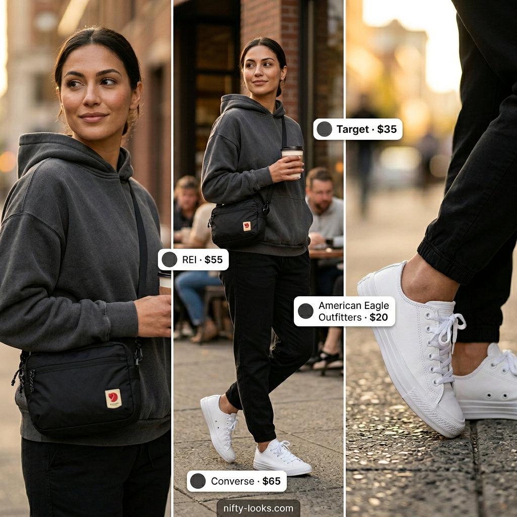 Chic summer fashion outfits for women 2026: Grey hoodie, joggers, sneakers for travel comfort.