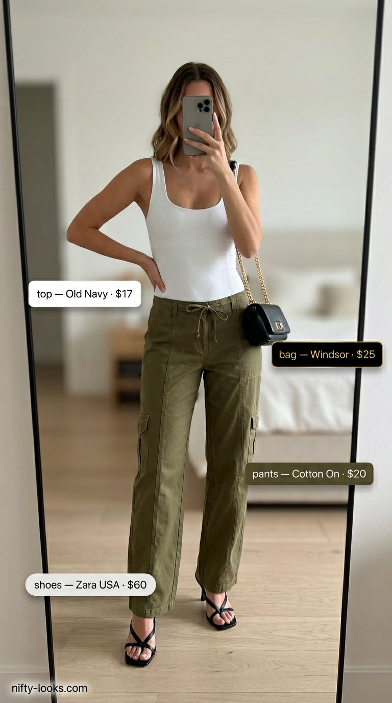 Chic summer fashion outfits for women 2026: Khaki cargo pants, white bodysuit, black heels for street style.