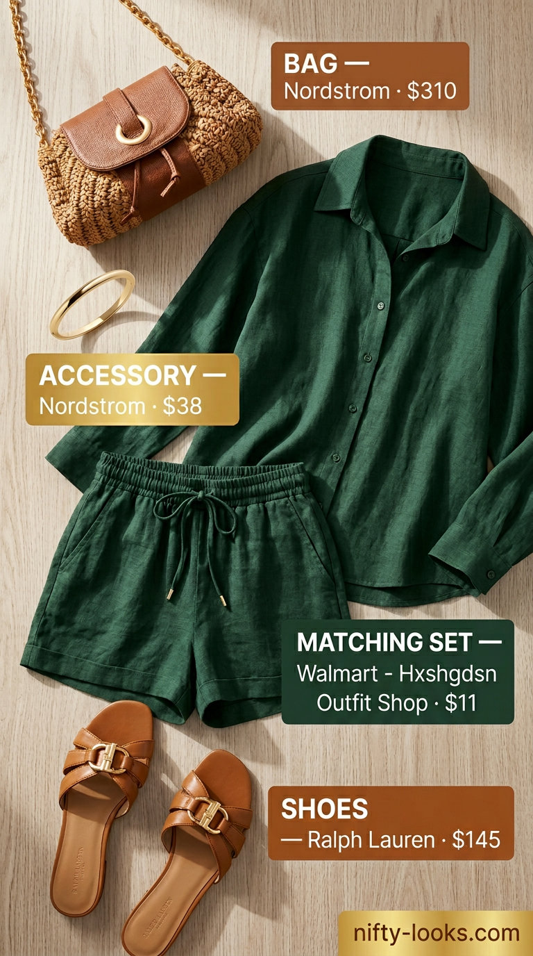 Effortless linen co-ord outfit for women 2026: Olive green shirt and shorts, raffia bag, gold bangle, and leather slides.