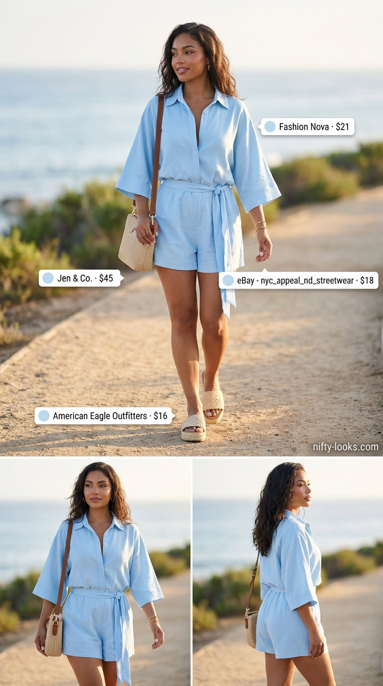 Chic summer fashion outfits for women 2026: Effortless light blue linen romper with espadrilles for beach days.