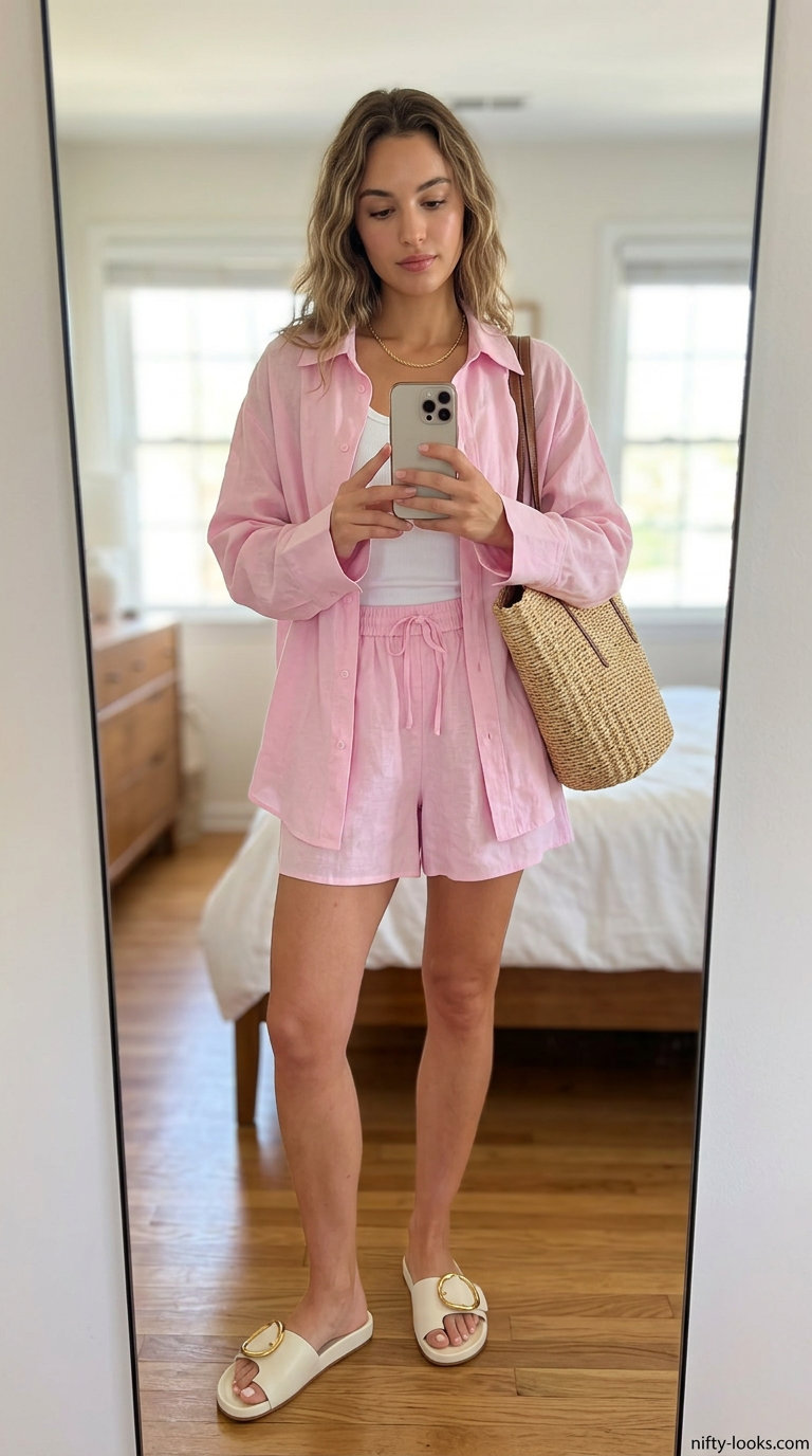 Relaxed linen set outfit for women 2026: Blush pink shirt and shorts, white tank, gold necklace, and slide sandals.