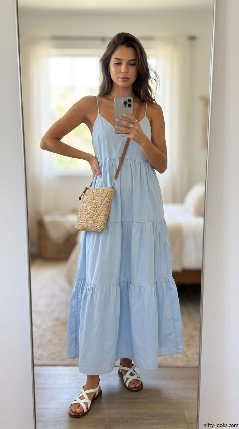 Maxi dress escape outfit for women 2026: Sky blue dress, crochet kimono, straw bag, and white sandals.