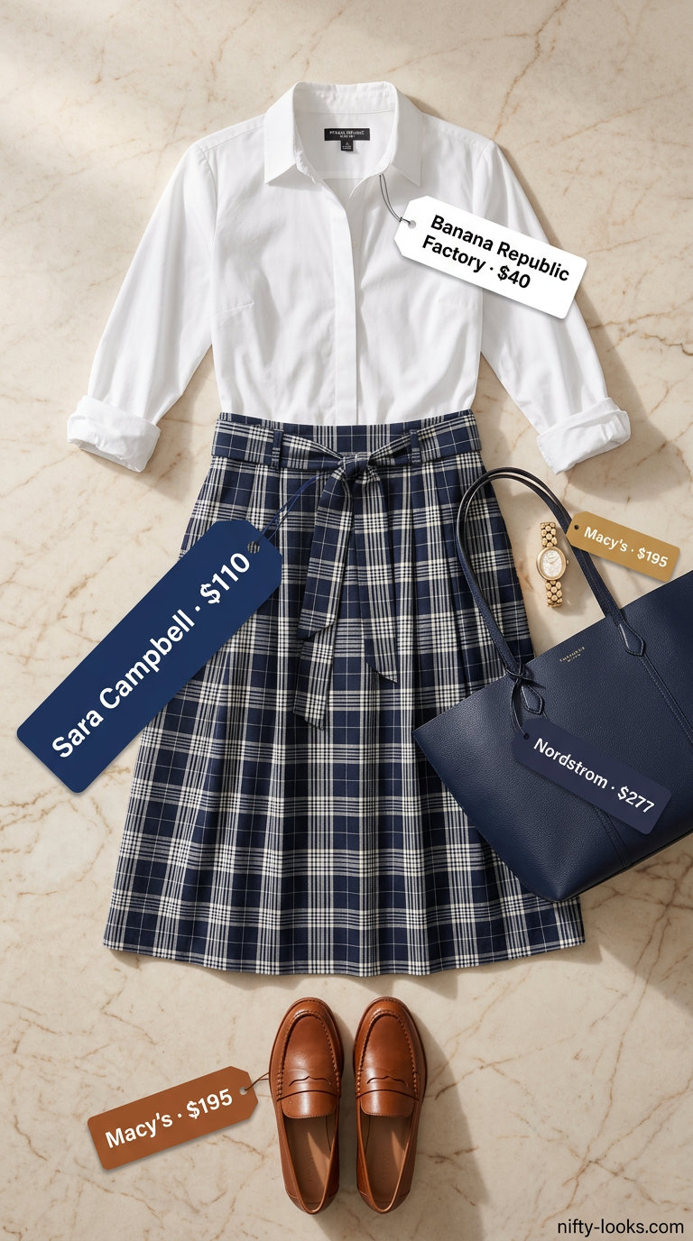 Chic office midi skirt outfit for women 2026: Navy plaid pencil skirt, white shirt, loafers, and tote bag.