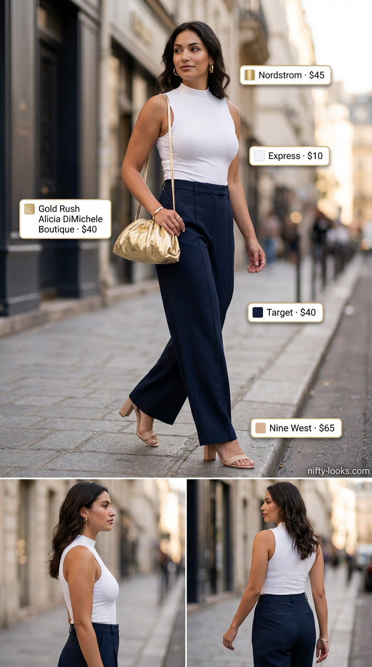 Chic summer fashion outfits for women 2026: Navy wide-leg trousers, white knit top, and gold hoops for sophisticated style.