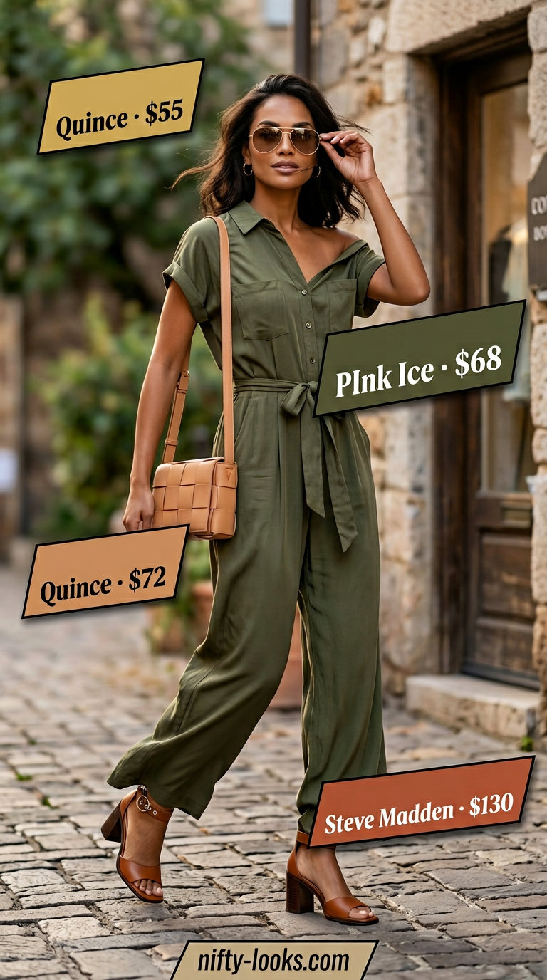 Chic summer fashion outfits for women 2026: Olive green utility jumpsuit with tan leather belt bag for a relaxed look.
