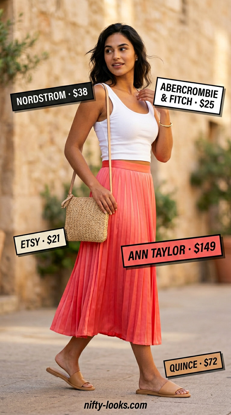 Chic summer fashion outfits for women 2026: Orange satin midi skirt, white tank, tan slides for evening.