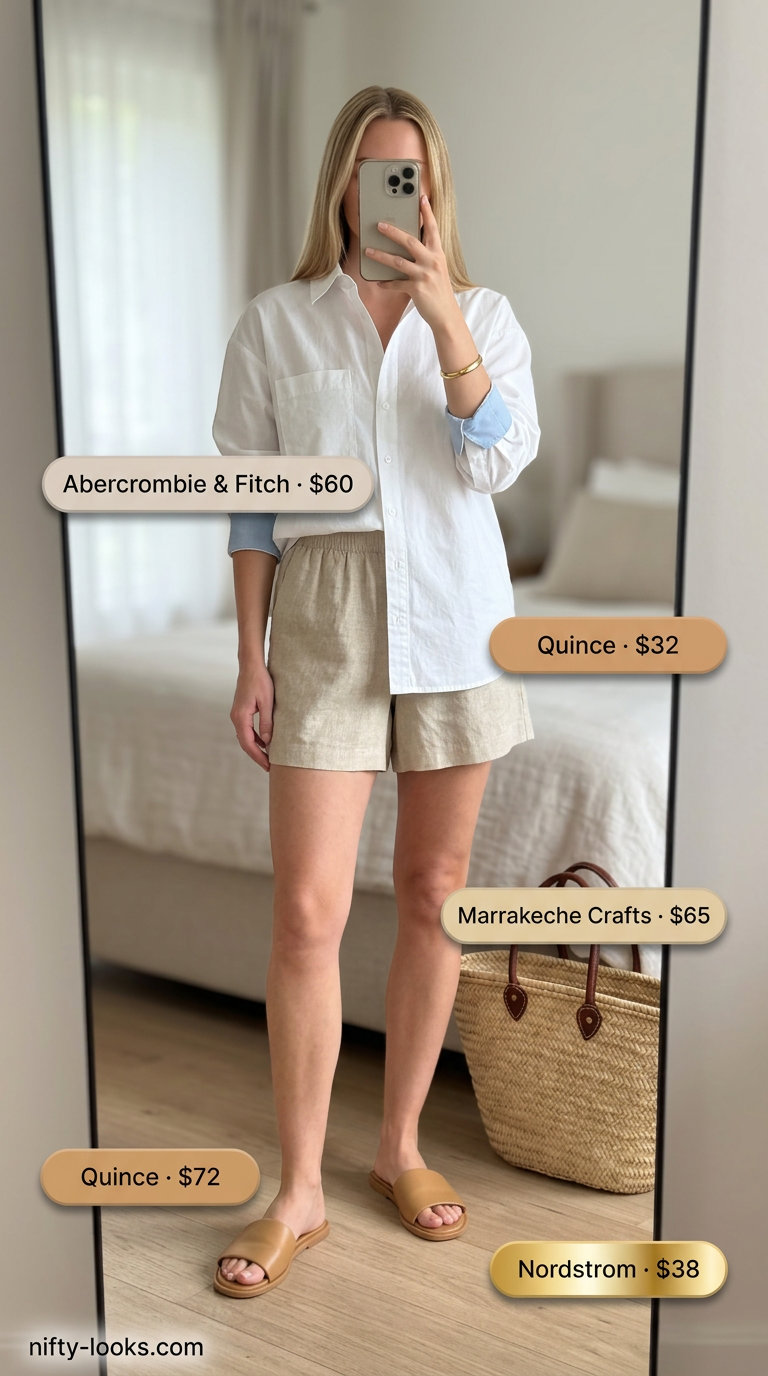 Chic summer fashion outfits for women 2026: White oversized shirt, linen shorts, tan sandals for casual day.