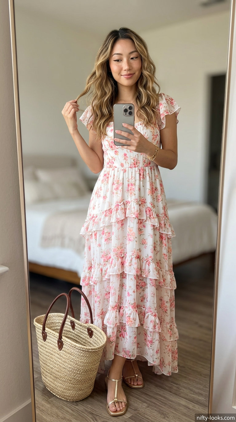 Chic summer fashion outfits for women 2026: Peach floral maxi dress, gold sandals for beachside dinner.
