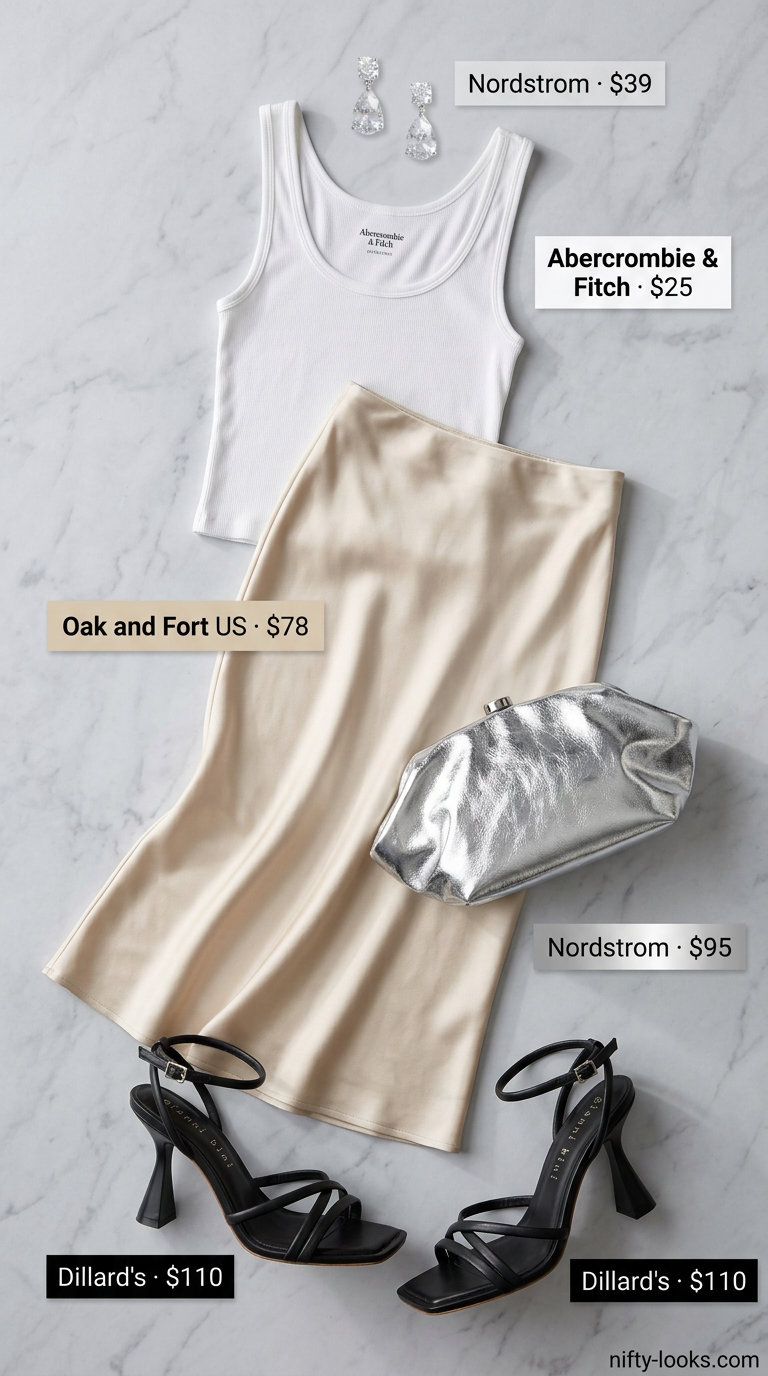 Chic summer fashion outfits for women 2026: Champagne satin midi skirt, white tank, black heels for dinner.