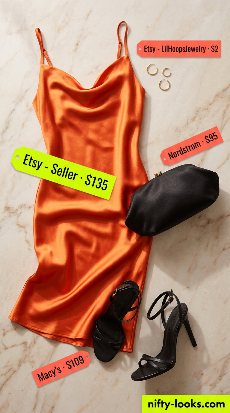 Sunset glow slip dress outfit for women 2026: Orange satin slip dress, black heels, clutch, and gold earrings.