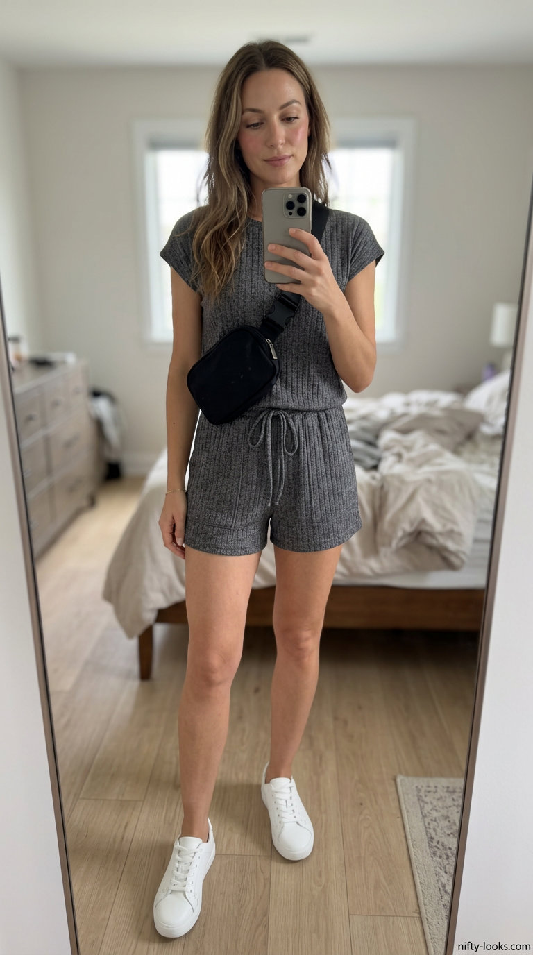Chic summer fashion outfits for women 2026: Sporty charcoal grey knit romper with sneakers and belt bag.
