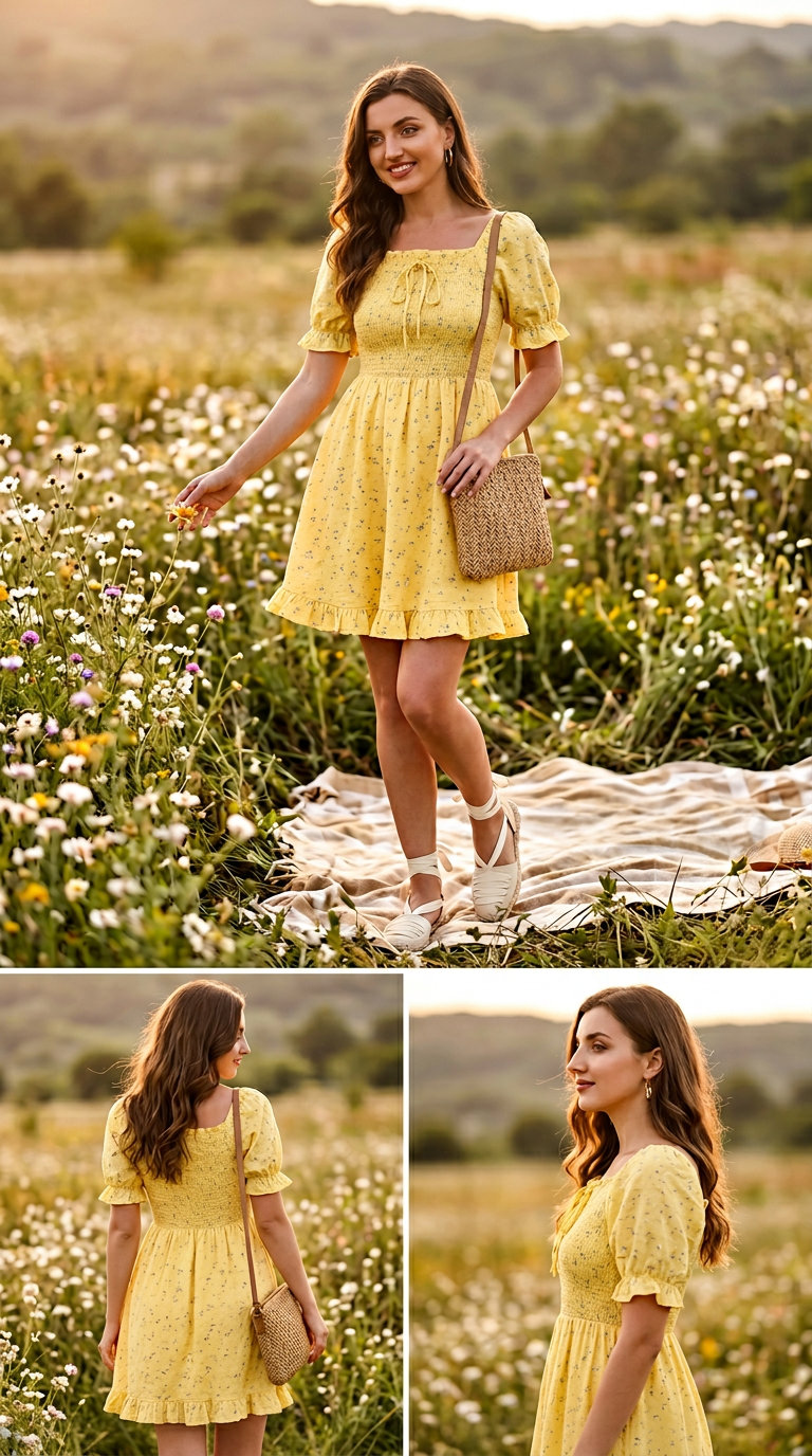 Chic summer fashion outfits for women 2026: Yellow floral mini sundress with espadrilles for a sunny day out.