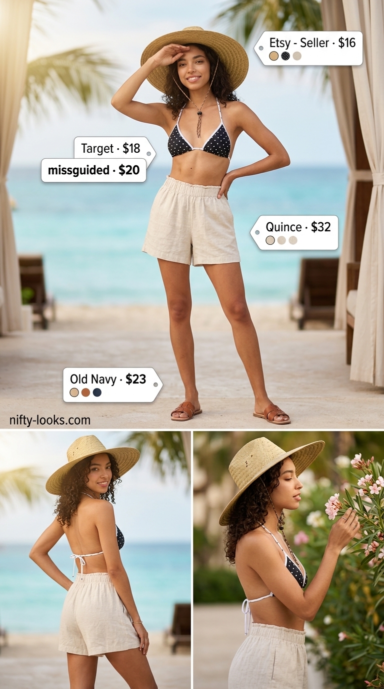 Classic summer polka dots outfits for women 2026: White linen shirt, linen shorts, and polka dot bikini top for a coastal getaway.