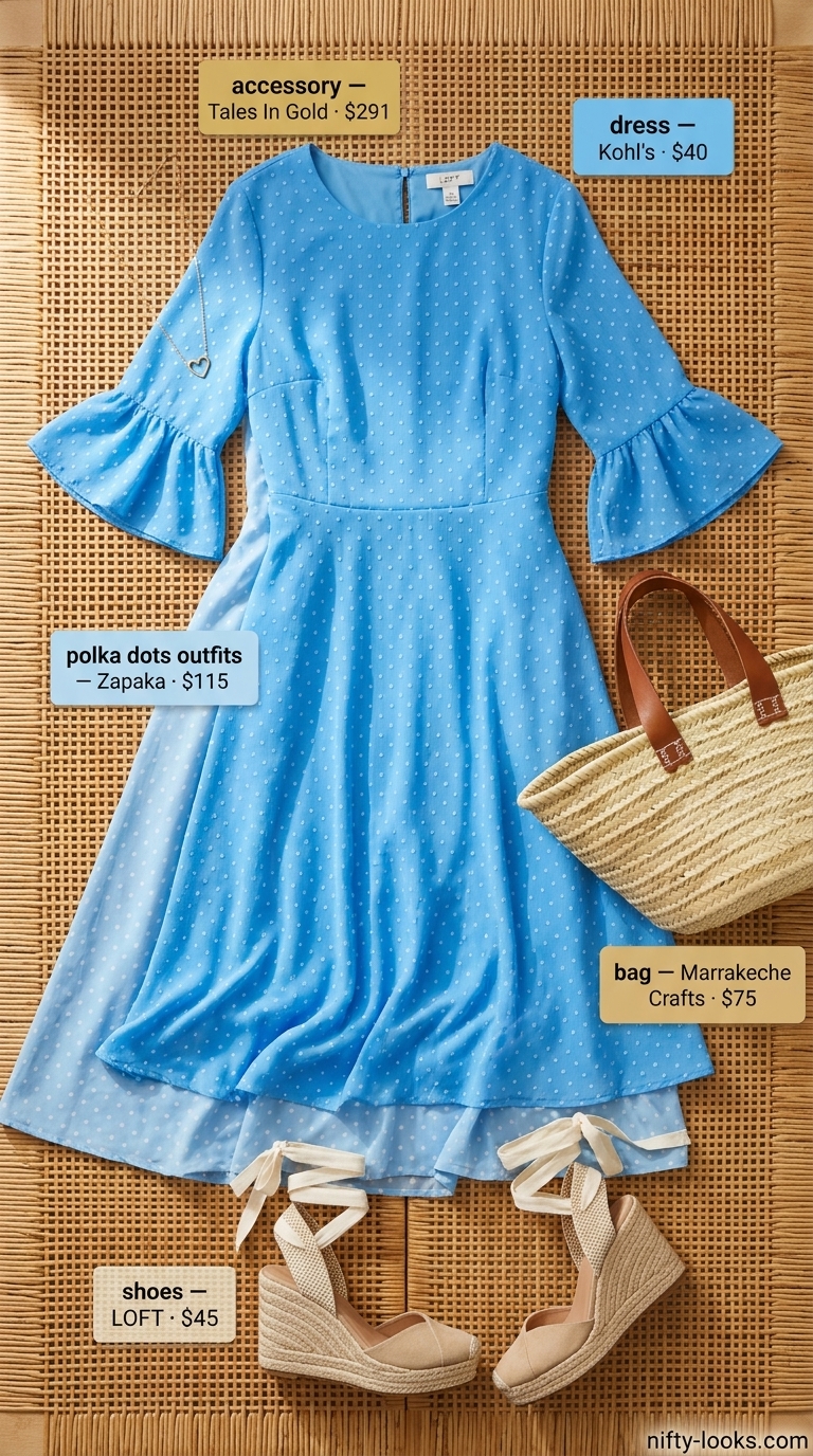 Classic summer polka dots outfits for women 2026: Sky blue polka dot midi dress with espadrille wedges and straw tote for a picnic.