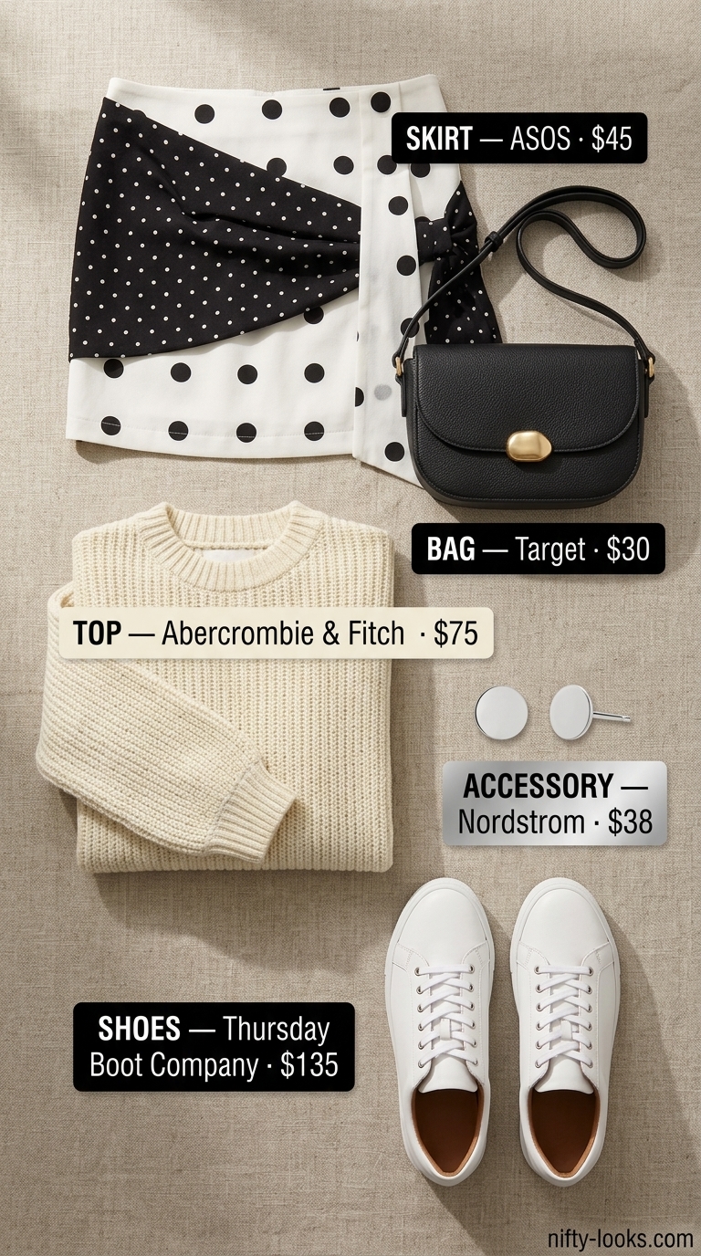 Classic summer polka dots outfits for women 2026: Black polka dot mini skirt with cream sweater for brunch.