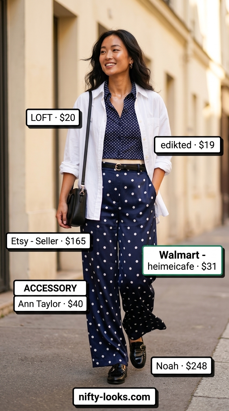 Classic summer polka dots outfits for women 2026: Navy polka dot trousers for city chic office look.