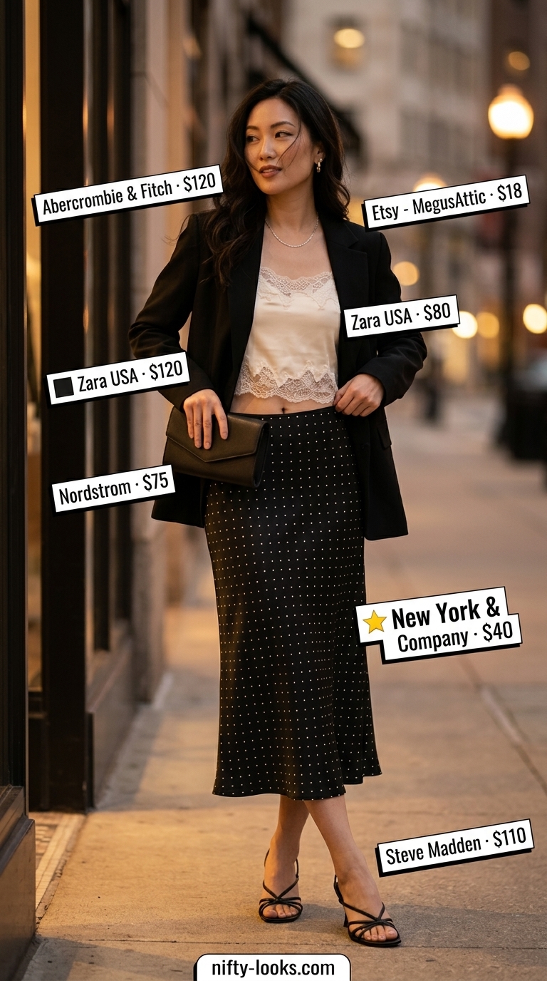 Classic summer polka dots outfits for women 2026: Black polka dot satin skirt for date night elegance.