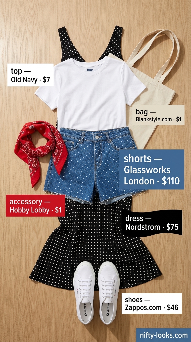 Classic summer polka dots outfits for women 2026: Denim polka dot shorts with white tee and red bandana.