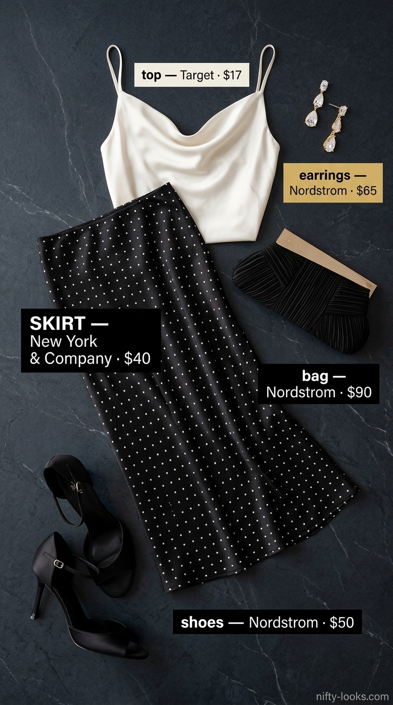 Classic summer polka dots outfits for women 2026: Black polka dot midi skirt with ivory camisole for elegant evening wear.