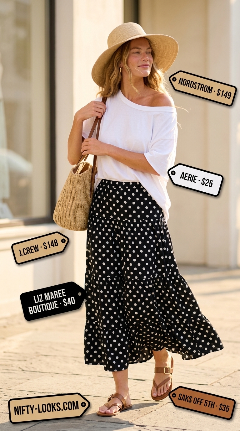 Classic summer polka dots outfits for women 2026: Black polka dot maxi skirt with white tee and straw hat.